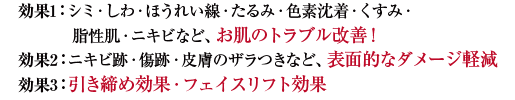 効果1：シミ・しわ・ほうれい線・たるみ・色素沈着・くすみ・脂性肌・ニキビなど、お肌のトラブル改善！
効果2：ニキビ跡・傷跡・皮膚のザラつきなど、表面的なダメージ軽減
効果3：引き締め効果・フェイスリフト効果